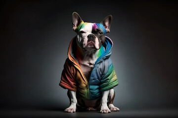 Adorable bulldog proudly wearing rainbow clothing on studio background, representing love, inclusivity, and acceptance at LGBT pride event. Playful and expressive portrait of furry pet. Generative AI.
