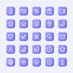 3d business and marketing icons. Set of financial symbols on realistic violet buttons. Modern infographic logos and pictograms. Vector flat illustration.
