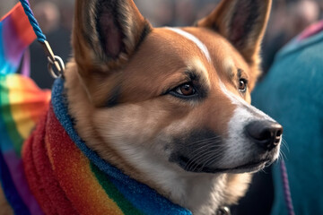 Dog standing up for equality and acceptance with their colorful rainbow bandana. Adorable furry companion at the LGBTQ+ pride parade, showing their love for the diverse community. Generative AI.