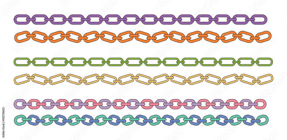 Poster border line drawing made of colorful chains in the form of rings and woven into a cross chain struct
