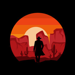 illustration vector of cowboy walk in sunset perfect for print,etc