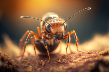 Macro image of ant in outdoor background at sunset. AI generative.