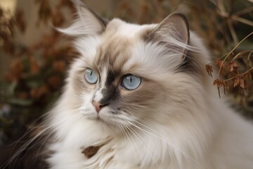 Naklejka na ściany i meble Ragdoll cat with shaggy long hair, white wool and brown on muzzle. Generative AI