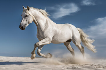 Obraz na płótnie Canvas White horse run gallop in desert. digital ai art 