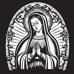 Virgin Mary, Our Lady. Hand drawn vector illustration. Black silhouette svg of Mary, laser cutting cnc.
