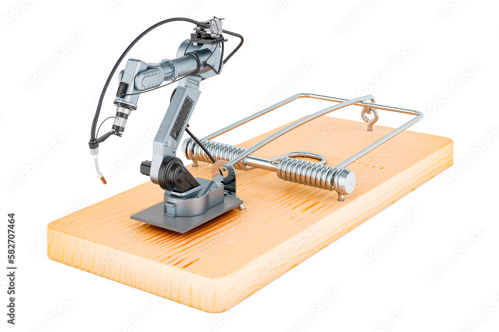 Poster robot welding inside mousetrap. 3d rendering