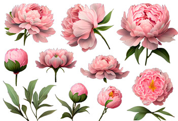 Set of beautiful pink peony flowers isolated over a transparent background, top view, flat lay, romantic feminine, spring or Mother's Day design