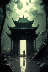 A Person Entering A Dark Ancient Temple In The Jungle. Generative AI Illustration