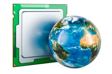 CPU with Earth Globe, 3D rendering