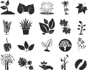 Nature icon, leaf plant and flower icon set black vector