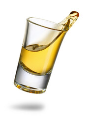 falling tequila shot with splash isolated on white