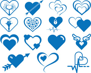 Heart icon set, love symbol set blue vector