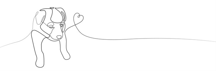 Stylized puppy and heart, line drawing. One line dog on a white background. Banner for a pet shop, advertising products for dogs