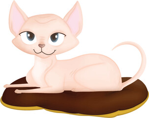 Sphynx cat sitting on a cosy cushion illustration isolated Clipart. Sphinx lovely cat relaxing on the pet sofa Clipart for design element, planner sticker, pattern, background, invitations.