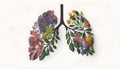 lung shaped with leaf and flower on white background-AI Generative 
