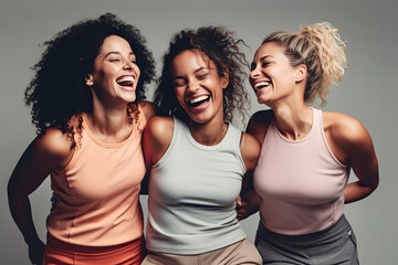 Three female friends laughing happily in a sports studio. generative AI digital illustration.