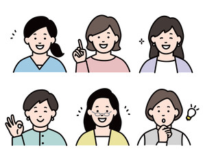 女性のアイコンセット　ポジティブな表情　カラー