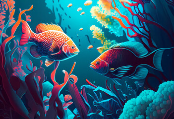 Fototapeta premium fish in the ocean with coral, acrylic ink art - Generative AI