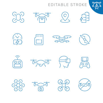 Vector line set of icons related with drone. Contains monochrome icons like drone, remote control, quadrocopter, battery, propeller and more. Simple outline sign. Editable stroke.