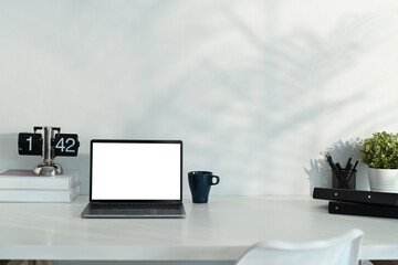 Modern workplace with blank screen laptop, books and potted plant on white work desk