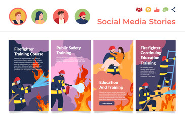 Firefighter training education course social media stories landing page app interface set vector