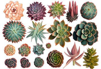 Set of different succulents, echeveria plants without pots isolated over a transparent background, natural interior or garden design elements, top view, flat lay