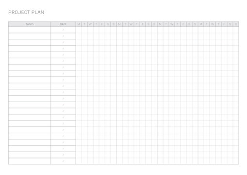 project plan design template in a modern, simple, and minimalist style. Note, scheduler, diary, calendar, planner document template illustration.