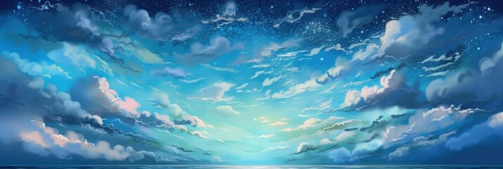 Fototapeta na wymiar Panoramic ocean view late evening after sunset, calming blue colors, refreshing sea vibes, sandy beach, far horizon, star filled summer night - generative AI