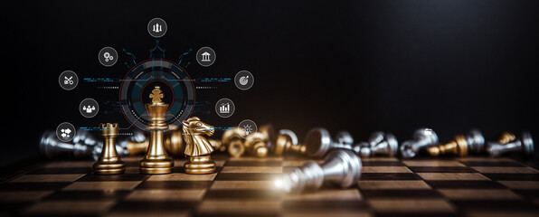 King chess stand win with falling chess and icons concept of team player or business team and...