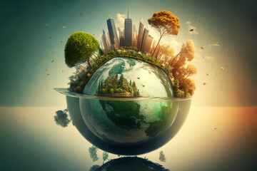 Climate Change global ecosystem concept with nature standing in contrast to modern industrial megacity, Green Energy and sustainable growth, geo engineering, carbon footprint, generative AI