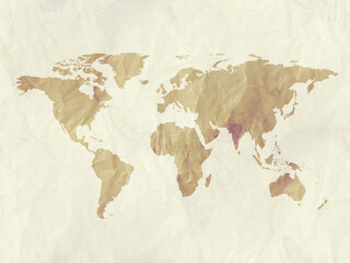 Old watercolor styled world map. Beige and liht brown tones.