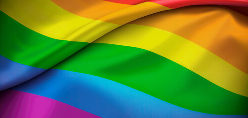 Vibrant and colorful LGBT flag waving. Symbol of pride, unity, love, acceptance, equality, diversity, and inclusivity of the LGBTQ+ community. Close up view. Generative AI.