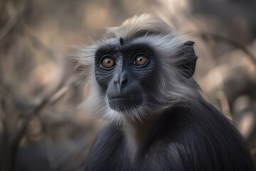 Fototapeta premium The black footed gray langur. Photographed at Jaipur's Hathni kund. Black footed gray langurs are old world langurs found primarily in South India. Generative AI