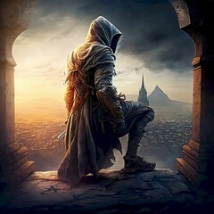 Medieval period, above castle, sunrise moment, elaborate pattern, tall assassin, Assassin's Creed. Generative AI.