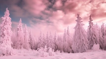 Powder pink winter landscape with fluffy clouds, Created with generative AI tools