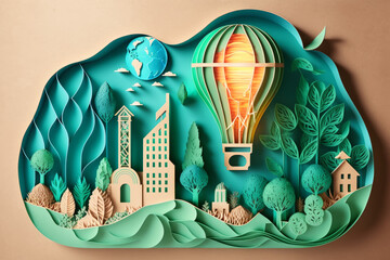 Green Energy and Sustainability Papercut illustration concept, climate change, carbon emissions, generative AI