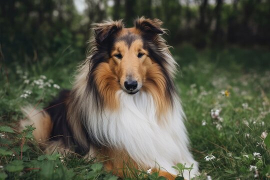 A rough collie in the park. Generative AI