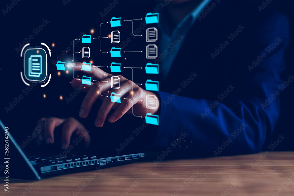 Poster document management system, dms and business process system automation technology. finger touching d