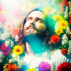 portrait of jesus in flowers, illustration, ai generation