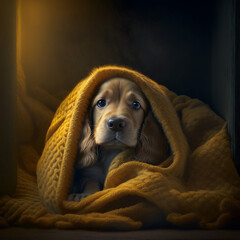 cocker spaniel wrapped in a yellow blanket, ai generation
