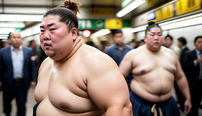 A Sumo Wrestlers Commute Through a Crowded and Colorful Tokyo Subway Station Generative AI Photo - obrazy, fototapety, plakaty