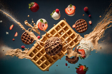 Generative AI illustration Homemade Waffles with strawberries, berries, ice cream and chocolate