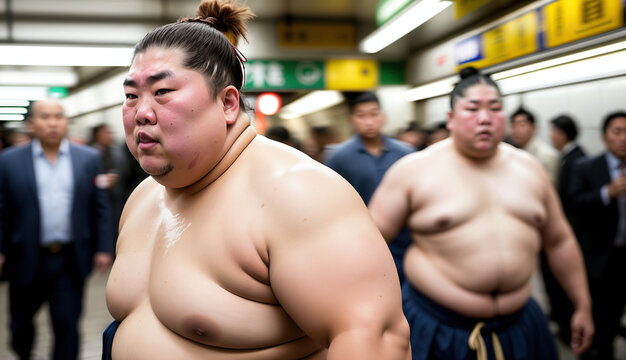 A Sumo Wrestlers Commute Through a Crowded and Colorful Tokyo Subway Station Generative AI Photo