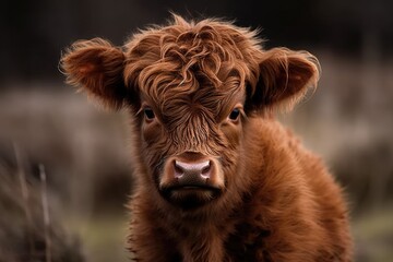 Fototapeta na wymiar Nature's Scottish Highlander, a newborn calf. Generative AI