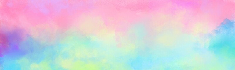 Colorful watercolor background of abstract sunset sky with puffy clouds in bright rainbow colors of pink green blue yellow and purple. Abstract painting banner for web and composition - obrazy, fototapety, plakaty