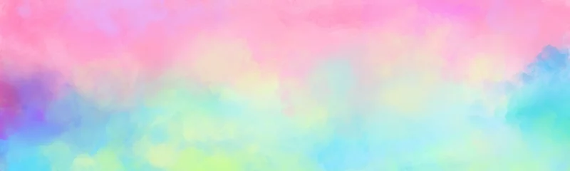 Papier Peint photo Aube Colorful watercolor background of abstract sunset sky with puffy clouds in bright rainbow colors of pink green blue yellow and purple. Abstract painting banner for web and composition