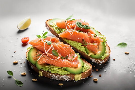 bruschetta with avocado and salmon, created by a neural network, Generative AI technology