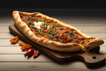 turkish pizza, pide, created by a neural network, Generative AI technology - obrazy, fototapety, plakaty