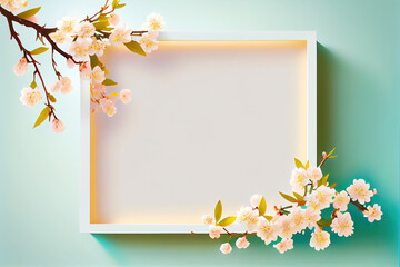 Spring background with cherry blossom branches on white background. Spring cherry flowers frame. AI generative spring time concept with copy space.