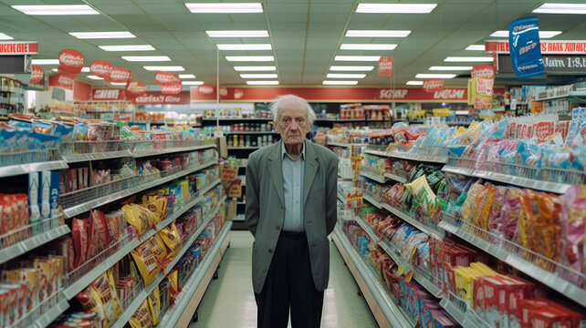 Elderly Man Portrait in Supermarket, AI Generative